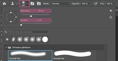 Schéma de l'interface de l'outil Pinceau dans Photoshop avec les options principales mises en évidence