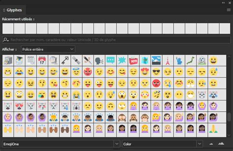Exemples de glyphes emoji et de drapeaux créés par combinaison dans InDesign.