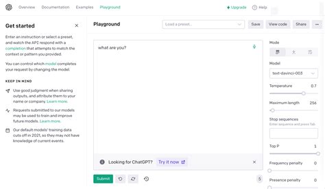 Interface du Playground OpenAI avec divers paramètres