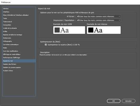 capture d'écran des préférences d'aspect du noir dans InDesign