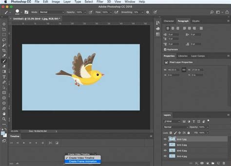 Fenêtre de la Timeline dans Photoshop, montrant la création de cadres à partir de calques pour une animation GIF.