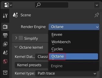 Fenêtre des Paramètres de Rendu Octane, montrant l'onglet Kernels