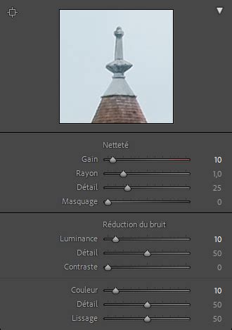 Schéma des réglages de netteté et réduction du bruit dans Lightroom