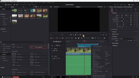 Schéma de l'interface de la page Montage de DaVinci Resolve avec la bibliothèque de médias, le viewer source, la timeline et l'inspecteur