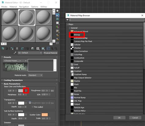Capture d'écran de l'Éditeur de Matériaux de 3ds Max montrant l'application d'une texture Bitmap.