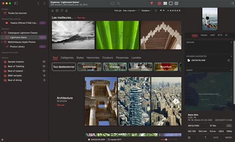 Interface utilisateur de Peakto montrant la consolidation de plusieurs catalogues Lightroom