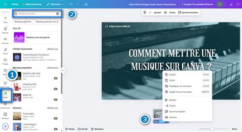 Bibliothèque audio de Canva avec des pistes musicales