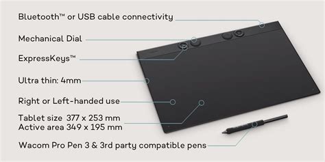 Schéma des dimensions et de la surface de travail de la Wacom Intuos Pro Large