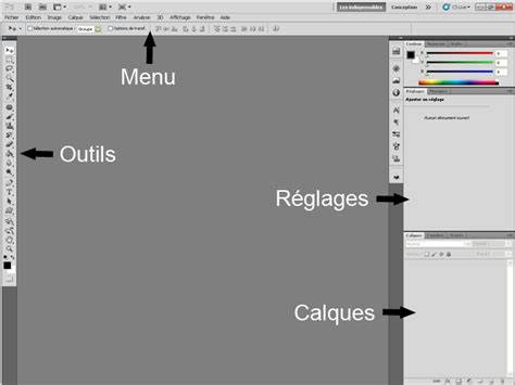 Schéma de l'interface de Photoshop avec les principaux panneaux et zones de travail mis en évidence.