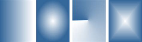 Illustration des quatre types de surfaces dégradées : linéaire, elliptique, conique et rectangulaire.