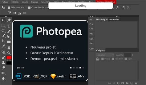 Capture d'écran de l'interface de Photopea, mettant en avant sa similitude avec Photoshop