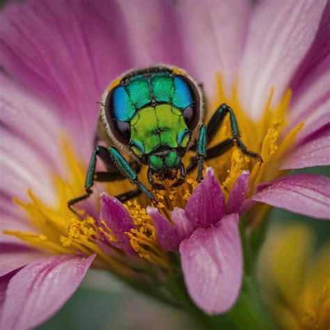Une photo macro très rapprochée d'un insecte ou d'une fleur avec un arrière-plan complètement flou et coloré.