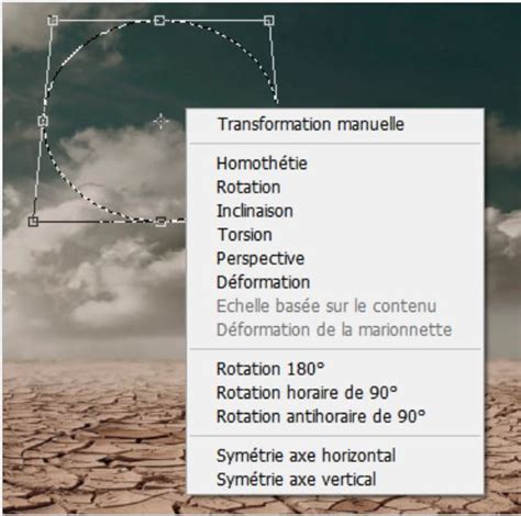 Schéma illustrant les différentes options de transformation (mise à l'échelle, rotation, inclinaison, déformation) d'un objet dynamique dans Photoshop.