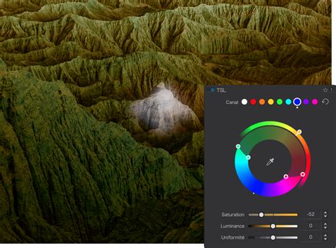 Interface de l'outil HSL dans DxO PhotoLab avec les curseurs Teinte, Saturation et Luminance.
