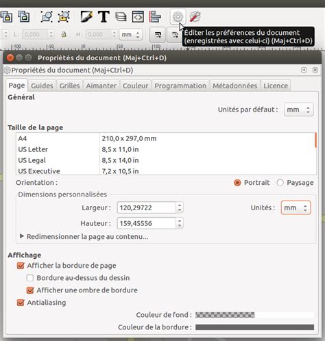Capture d'écran des propriétés du document dans Inkscape, montrant le réglage des unités en millimètres.