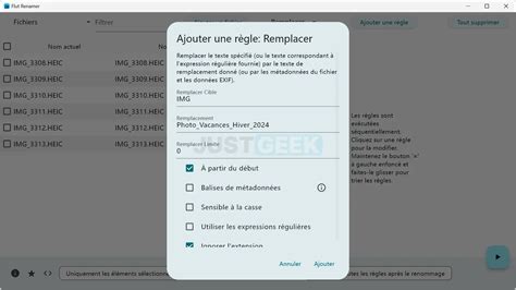 Exemple de boîte de dialogue de renommage de fichiers dans Lightroom avec l'option de séquence numérique