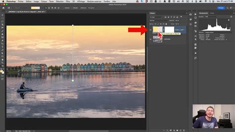 Capture d'écran de Photoshop montrant l'outil dégradé et ses options, y compris la sélection des types de dégradé (linéaire, radial) et les curseurs d'opacité.