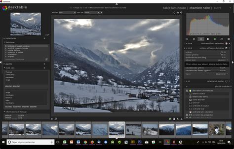 Exemple de l'interface de la chambre noire de Darktable avec les modules de retouche ouverts