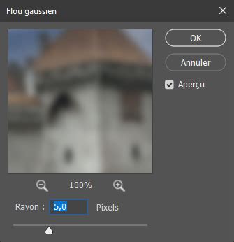 Capture d'écran montrant la fenêtre de réglage du Flou Gaussien dans GIMP avec les curseurs Taille X et Taille Y.