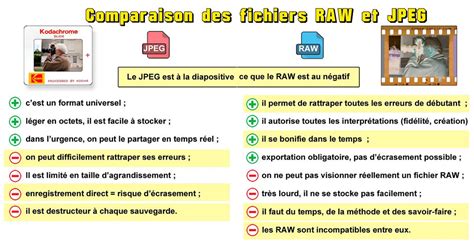 Infographie comparant les caractéristiques des fichiers RAW et JPEG.
