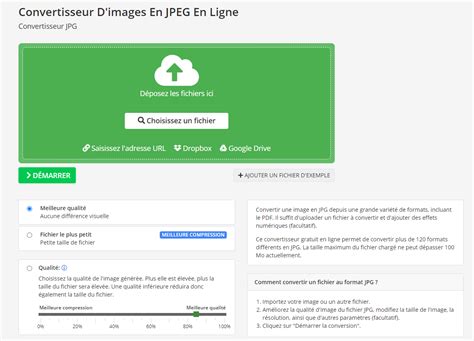 Interface d'un convertisseur en ligne montrant le processus de téléchargement d'un fichier CR2 et la sélection du format JPG.