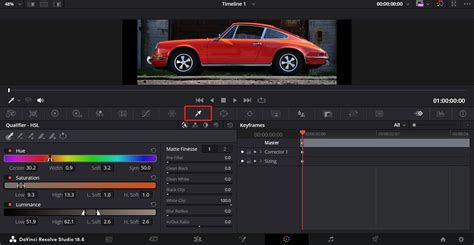 Capture d'écran montrant l'interface du Qualifier dans DaVinci Resolve avec l'outil pipette sélectionné.
