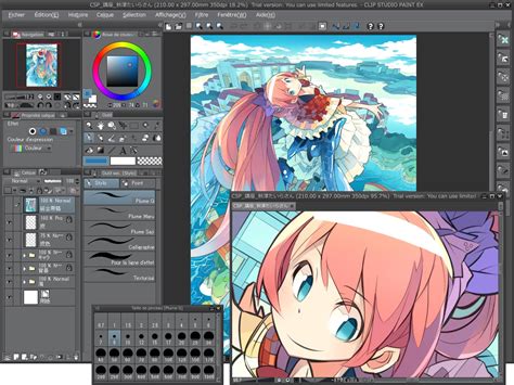 Illustration représentant l'interface de CLIP STUDIO PAINT avec des outils de dessin et des palettes de couleurs