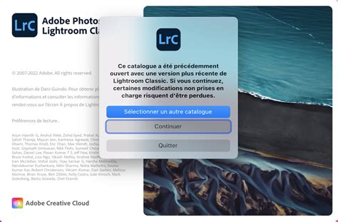 Fenêtre de sélection de catalogue dans Lightroom Classic