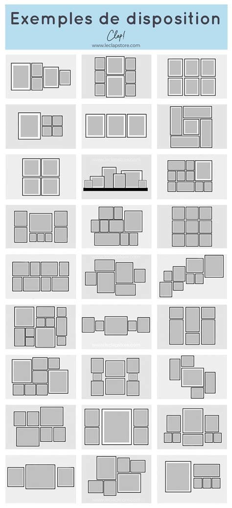 Infographie montrant différentes dispositions possibles pour un mur de photos : rangée, carré, aléatoire