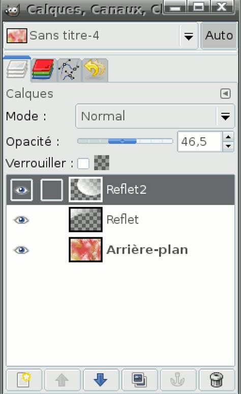 Panneau des calques de GIMP montrant deux calques d'images et l'outil de déplacement sélectionné