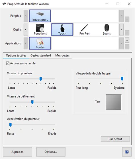 Capture d'écran des préférences de la tablette Wacom, montrant les options de réglage de la pression et de l'étalonnage