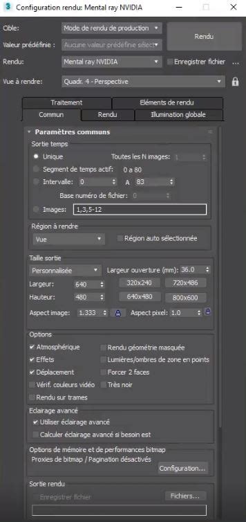Interface de configuration de rendu dans 3ds Max, mettant en évidence les options de résolution et de taille de sortie