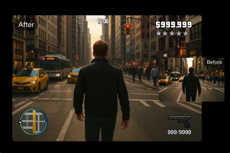 Exemple d'image transformée par le filtre GTA, montrant l'ajout d'éléments comme une mini-carte et le texte 