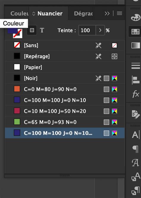 Schéma du panneau Nuancier dans Adobe InDesign