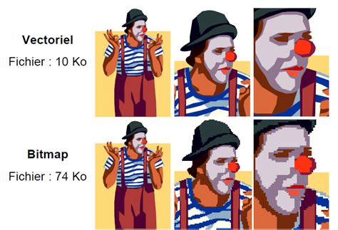 Comparaison visuelle d'une image bitmap et de son équivalent vectoriel, montrant la différence de netteté lors du zoom.