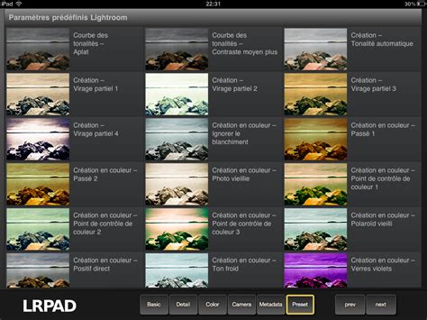 Interface de Lightroom avec le panneau des paramètres prédéfinis ouvert
