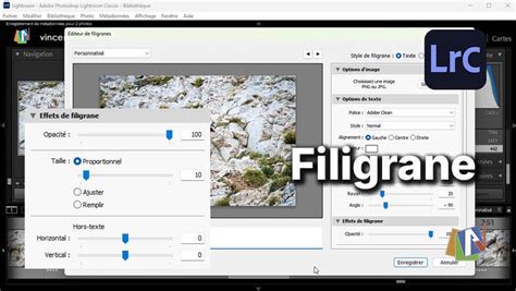 Interface d'exportation personnalisée dans Lightroom, montrant les options de taille, filigrane et espace colorimétrique.