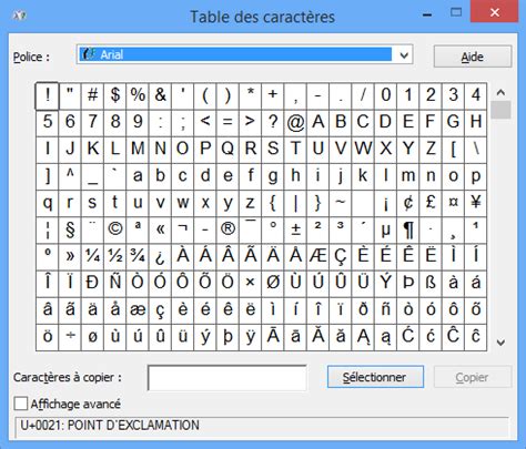 Capture d'écran de la table des caractères sous Windows