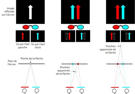 Schéma expliquant le principe des lunettes anaglyphes (verre rouge pour l'œil gauche, verre cyan pour l'œil droit)