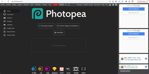 Représentation de l'interface de Photopea, similaire à Photoshop.