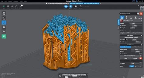 Exemple de modèle 3D avec structures de support générées pour l'impression 3D.