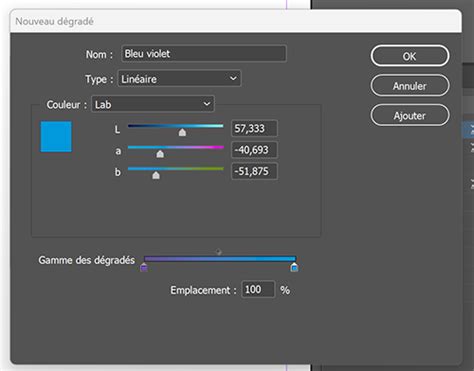 Capture d'écran du panneau Nuancier avec la création d'un nouveau dégradé