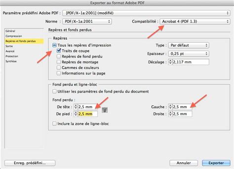 Capture d'écran des options d'exportation PDF avec traits de coupe et fonds perdus dans InDesign