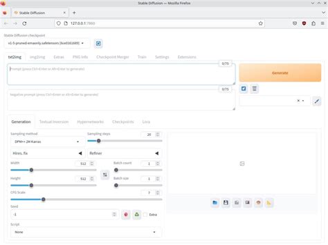 Interface de Stable Diffusion WebUI avec les paramètres de génération