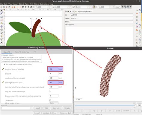 Schéma des types d'objets de broderie dans Inkstitch : ligne, colonne satin, remplissage.