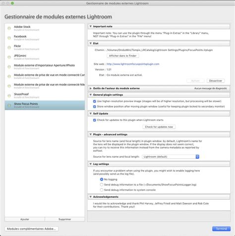 Fenêtre du Gestionnaire des modules externes dans Lightroom
