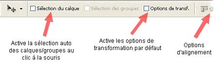 Barre d'options de l'outil Déplacement montrant les icônes d'alignement des calques
