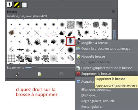 Schéma de l'interface de l'éditeur de brosses dans GIMP avec les curseurs pour la taille, l'espacement et l'opacité.