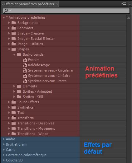 Exemple d'interface du panneau Effets et paramètres prédéfinis avec des animations de texte