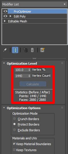 Exemple d'utilisation de l'outil ProOptimizer dans 3ds Max pour réduire le nombre de polygones.